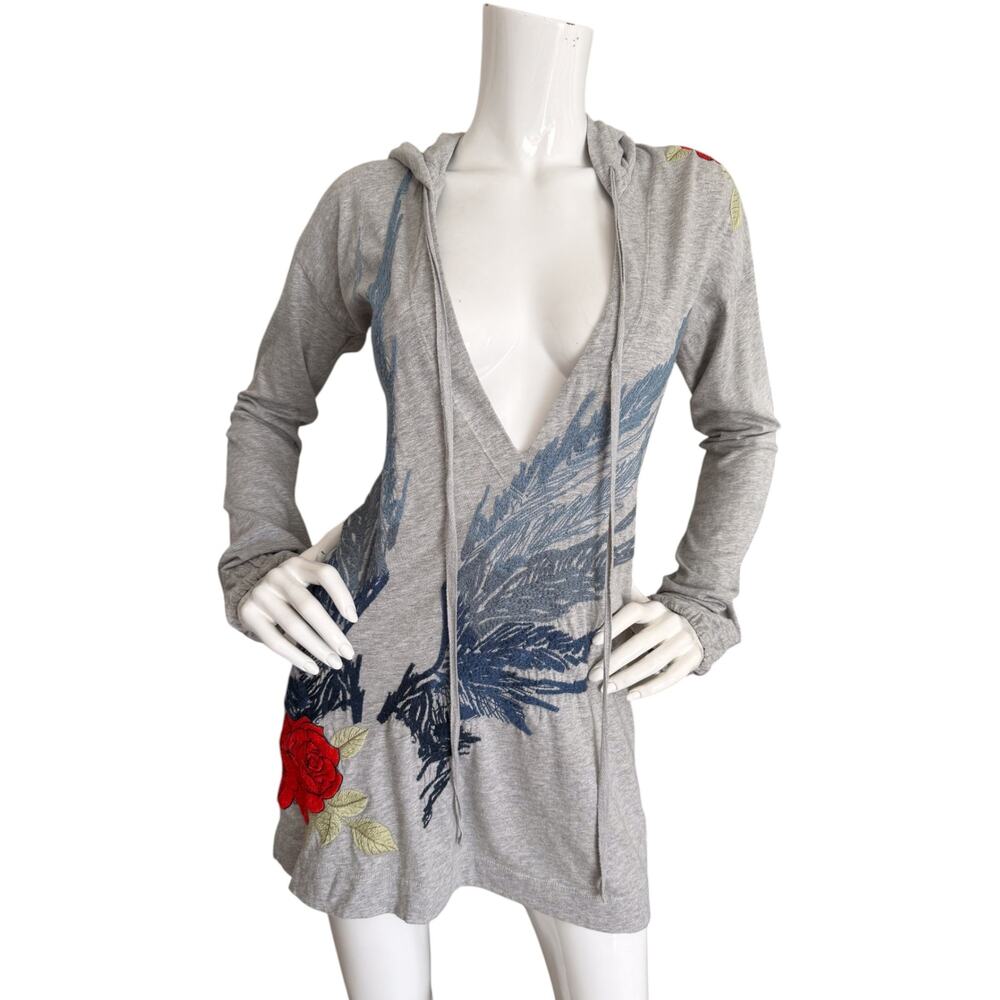 JWLA Johnny Was Vintage Floral Embroidered Hoodie Top Deep V Pullover Small